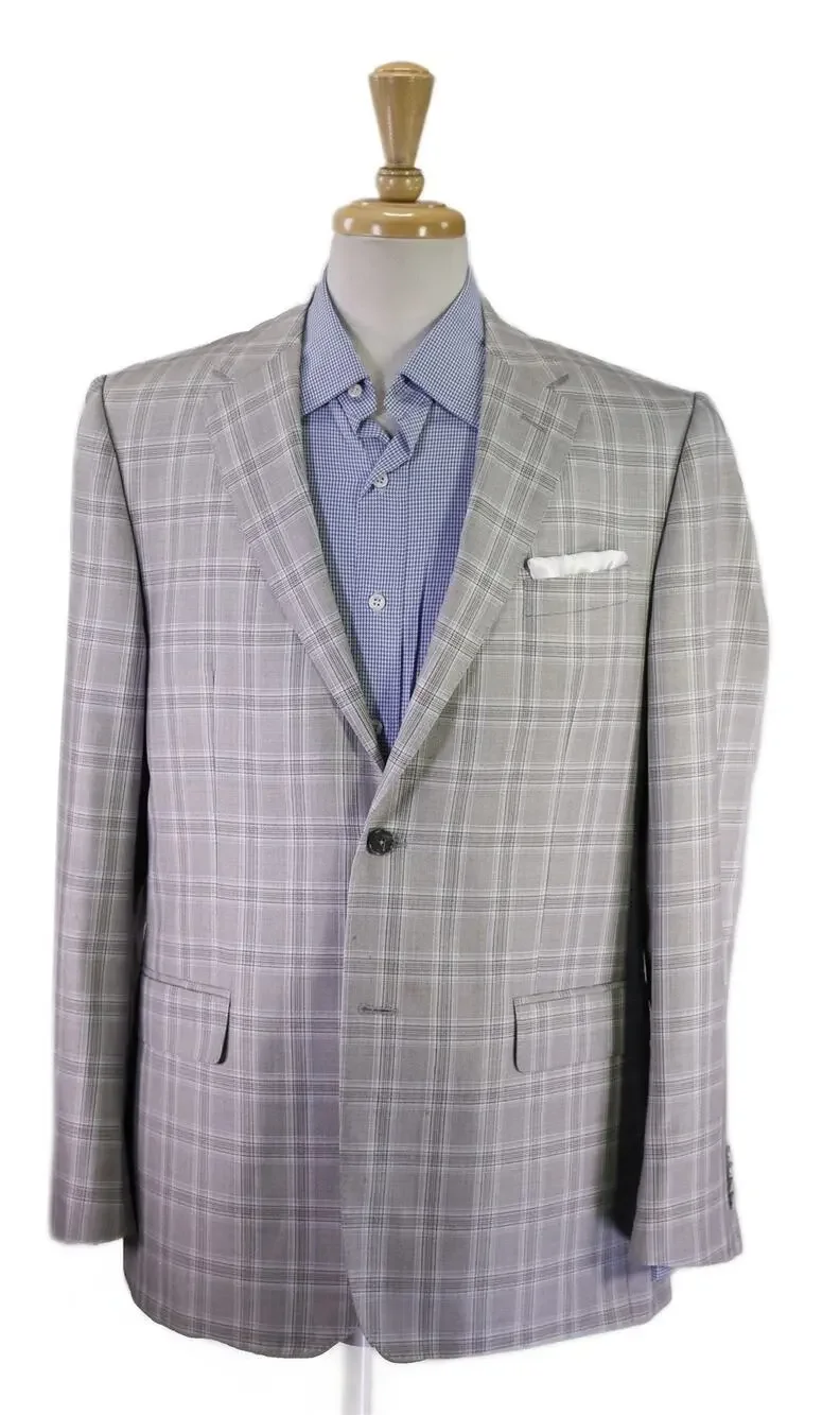 Valentino Current Gray Blue Windowpane Plaid Wool Silk 2Btn Sportcoat Blazer 42R